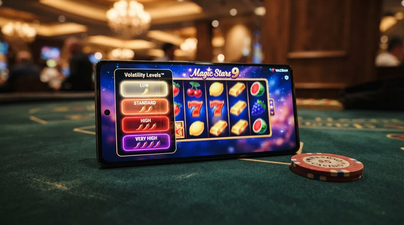 The in-game Volatility Levels™ menu on a Wazdan slot, showing the Low, Standard, High and Very High options a player can toggle