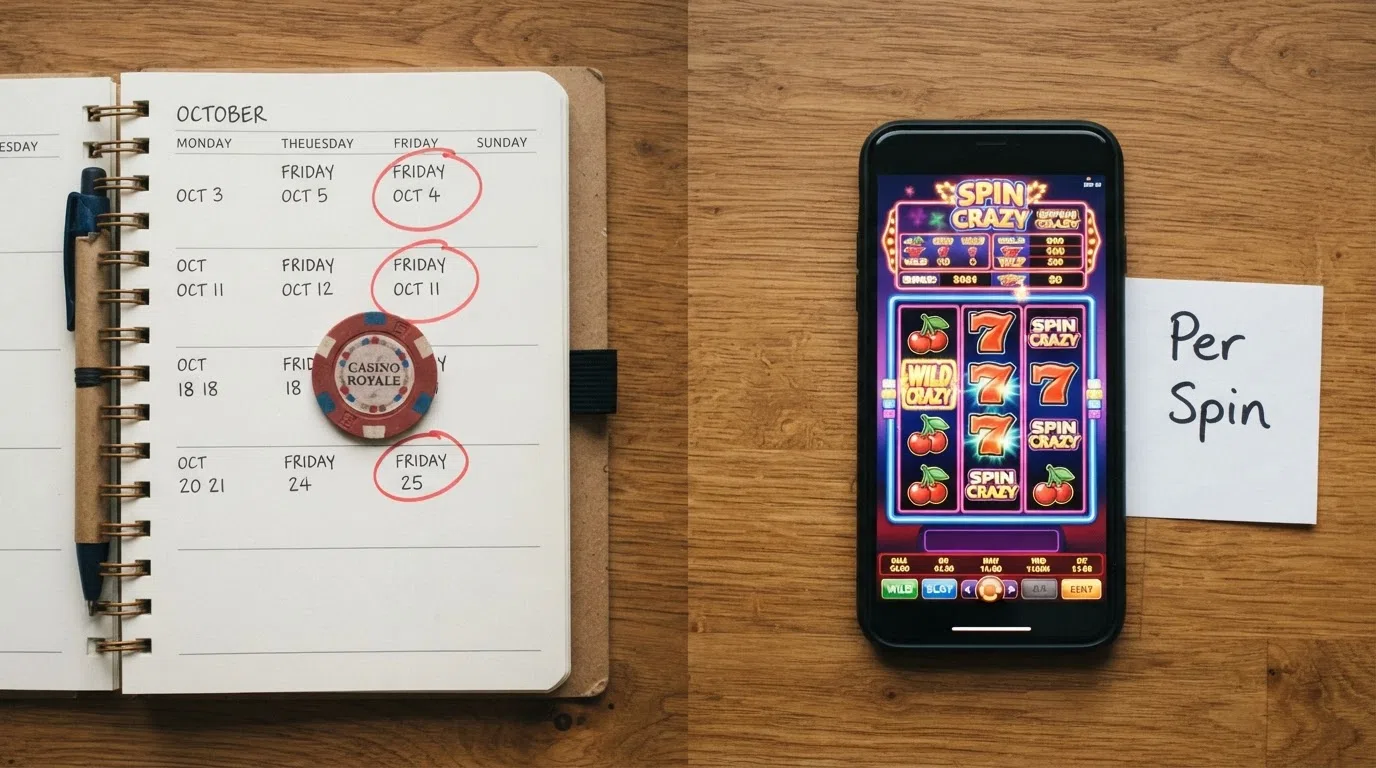 An illustrated split-screen showing a calendar marked with weekly payout dates on the left and a spinning slot reel with coins accumulating per spin on the right