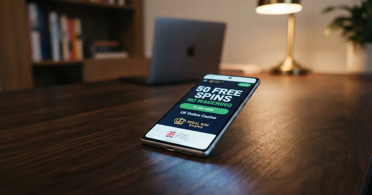 A mobile phone screen displaying a UK online casino welcome-offer landing page with a prominent “50 Free Spins — No Wagering” banner and the UKGC licence badge visible