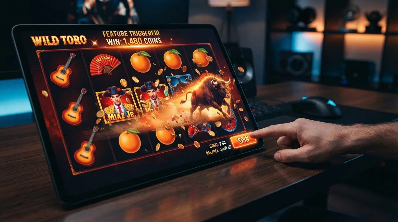 The Wild Toro slot reel mid-spin with the Toro Goes Wild mechanic active — the bull charging from right to left across the reels, matador symbols scattering, the win counter and stake display visible in the UI