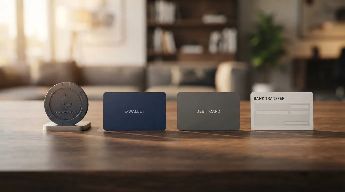 A row of payment-method icons — crypto, e-wallet, debit card and bank transfer — ordered left to right by speed